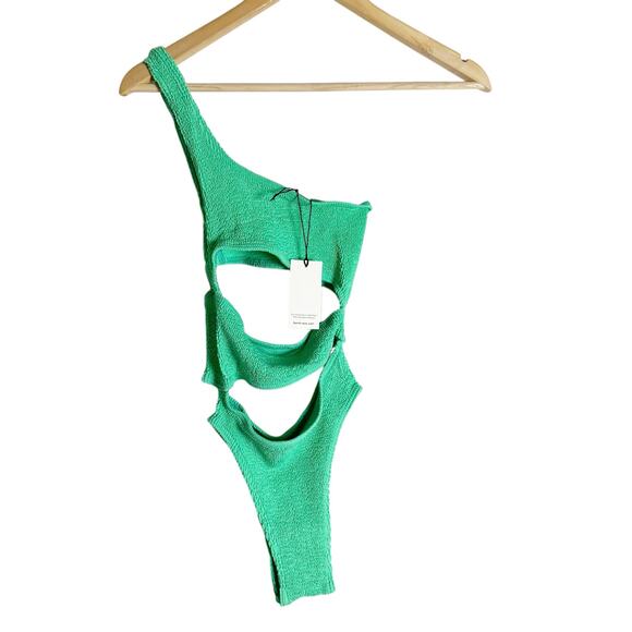 Bond Eye Rico Green One Shoulder Cut Out One Piece Crinkle Swimsuit One Size - Picture 2 of 9